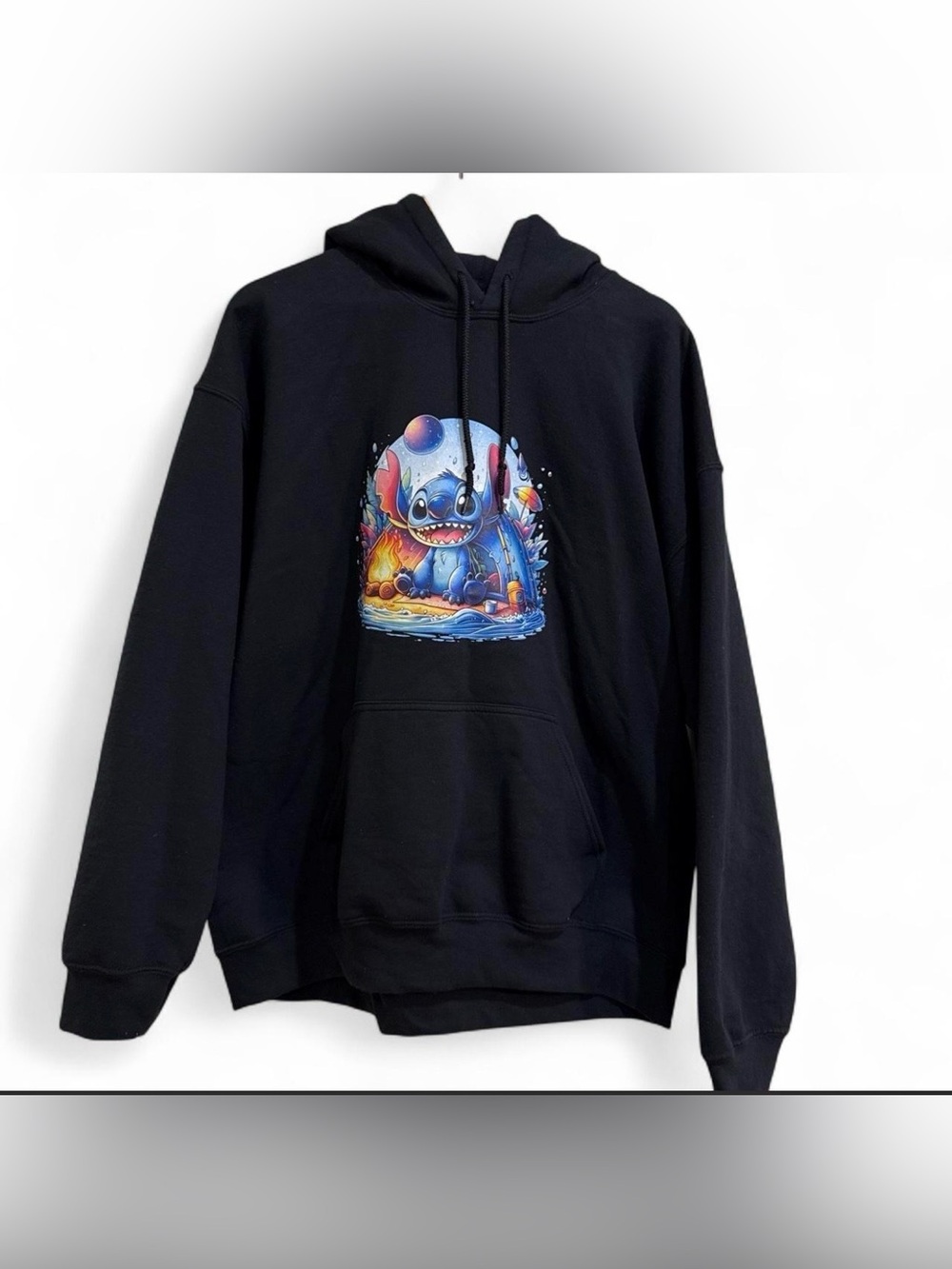 Gildan Black Hoodie with Colorful Stitch Character Graphic